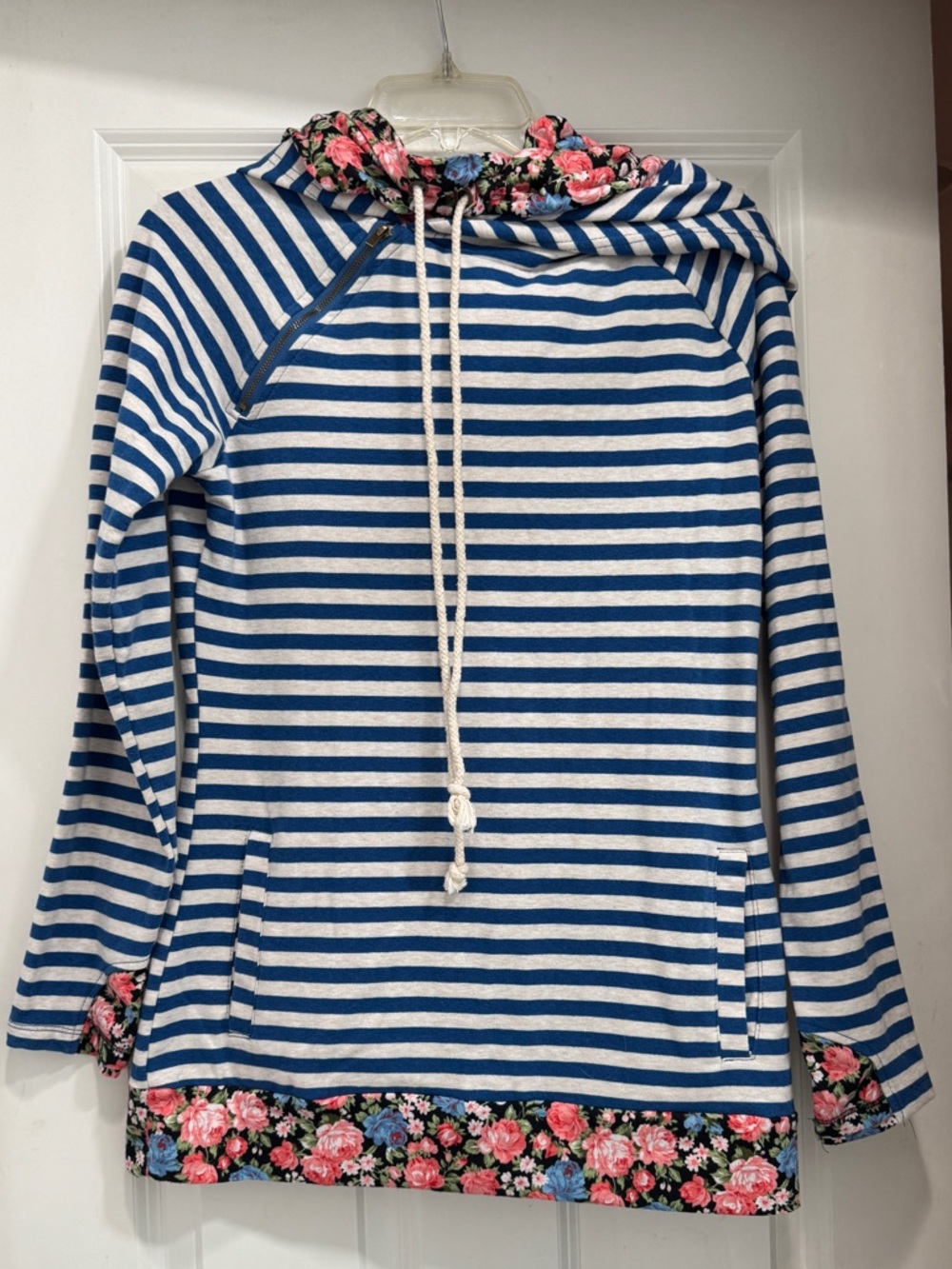 AMPERSAND AVE Blue & White Striped Hoodie with Floral Trim
